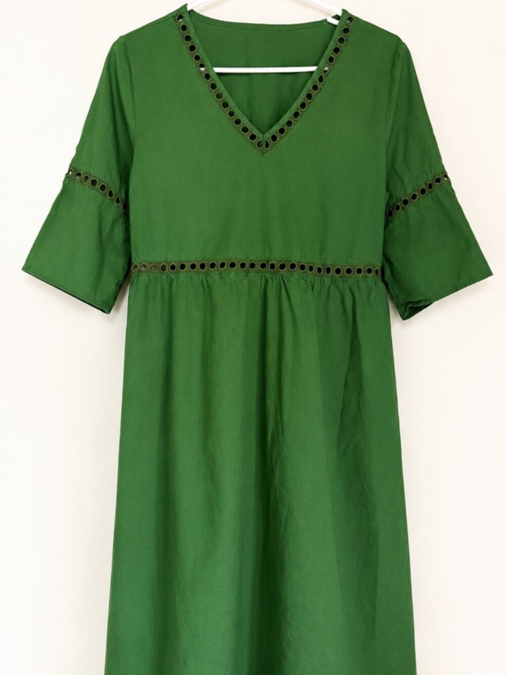 Green eyelet trim midi dress